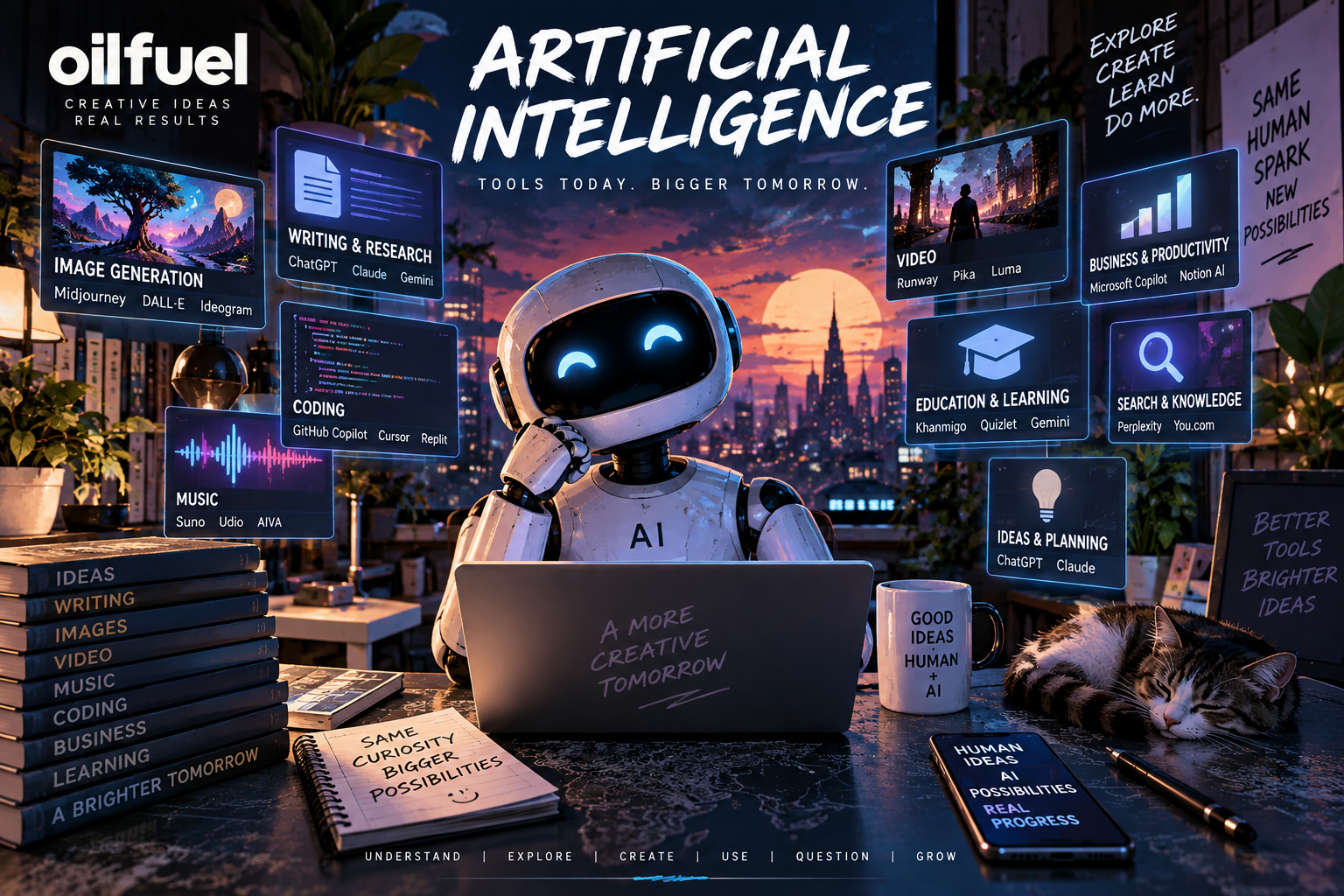 Futuristic digital illustration of artificial intelligence surrounded by creative tools for writing, coding, music, images, video and research