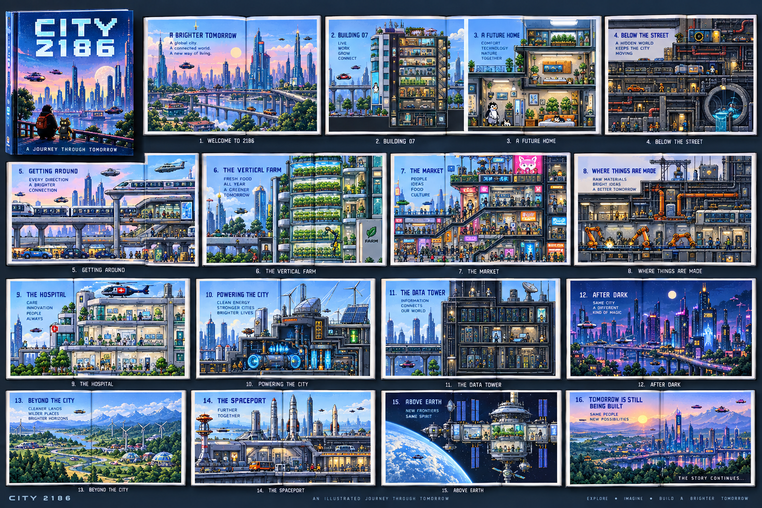 CITY 2186 illustrated overview showing sixteen scenes from a futuristic city