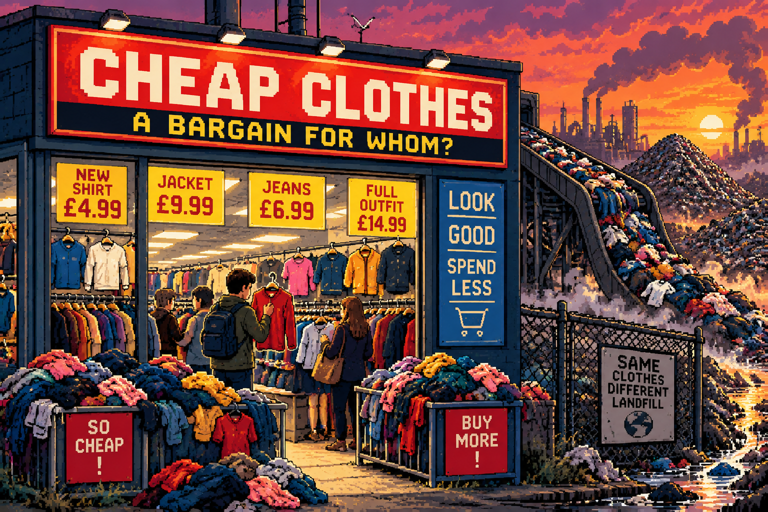 Pixel-art illustration of a bargain clothing shop feeding discarded clothes toward a landfill
