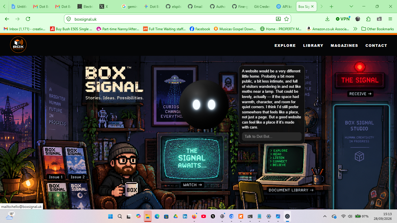 Dot Bot AI companion on the Box Signal website with his conversation panel open