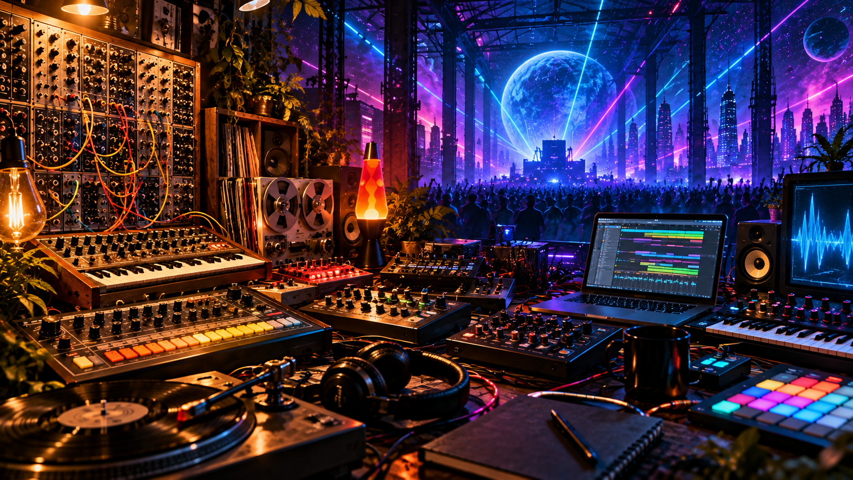 Electronic music studio with synthesizers, drum machines, turntables and a neon-lit rave crowd
