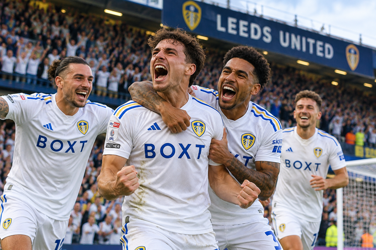 Leeds United players celebrating a goal