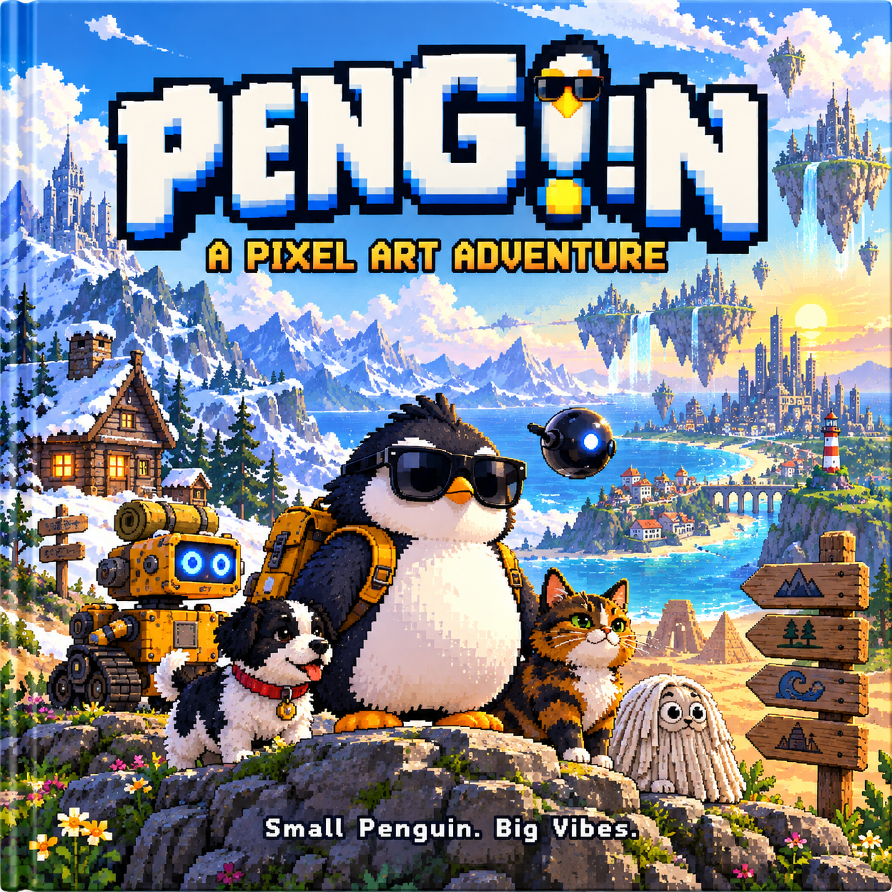PENGU!N A Pixel Art Adventure cover featuring PENGU!N in sunglasses with Box, Toby, Sugar and friends in a colourful pixel-art world