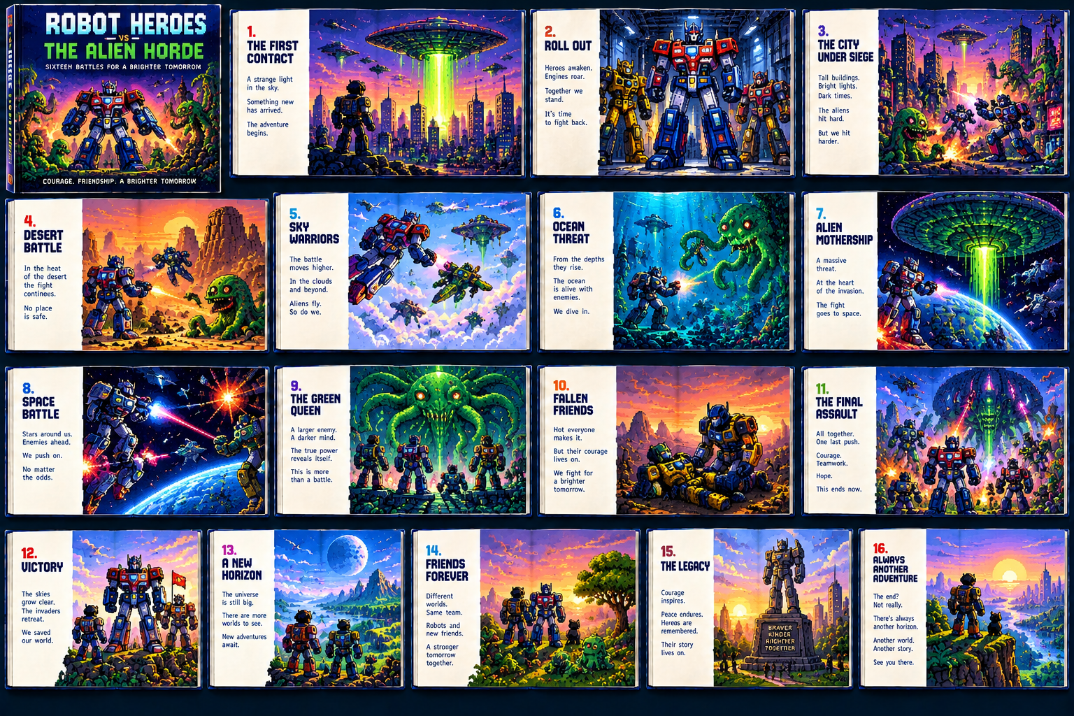 One-image visual blueprint showing tiny page designs for the Robot Heroes vs The Alien Horde pixel-art book