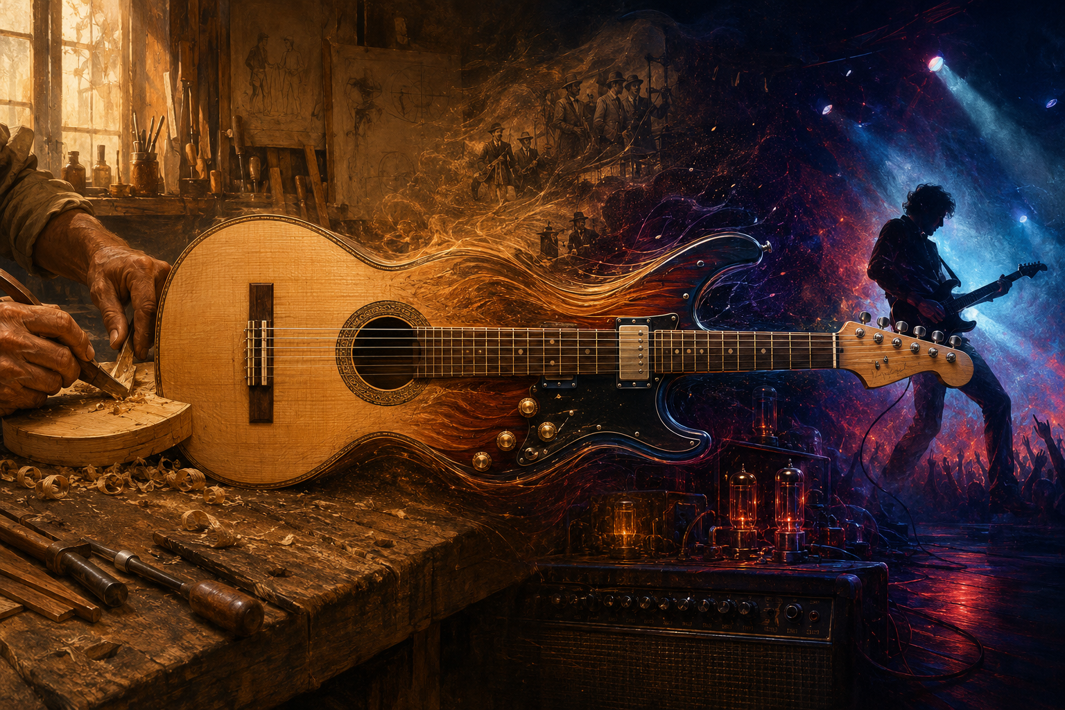 An acoustic guitar evolving into an electric guitar between a traditional workshop and a live concert stage