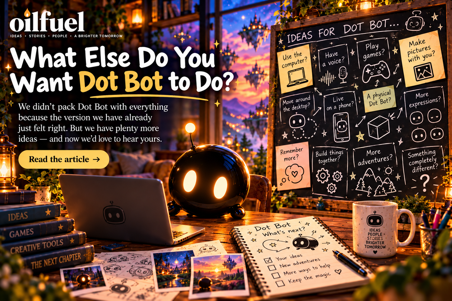 Dot Bot at his computer surrounded by ideas for possible future abilities